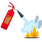 Red fire extinguisher and burning fire with smoke. Fire extinguishing equipment. Vector icon illustration.